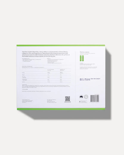 Vida Glow Liquid Collagen Skin + Energy Green Apple packaging with ingredient, usage and nutrition details for daily skin, energy and immunity support.