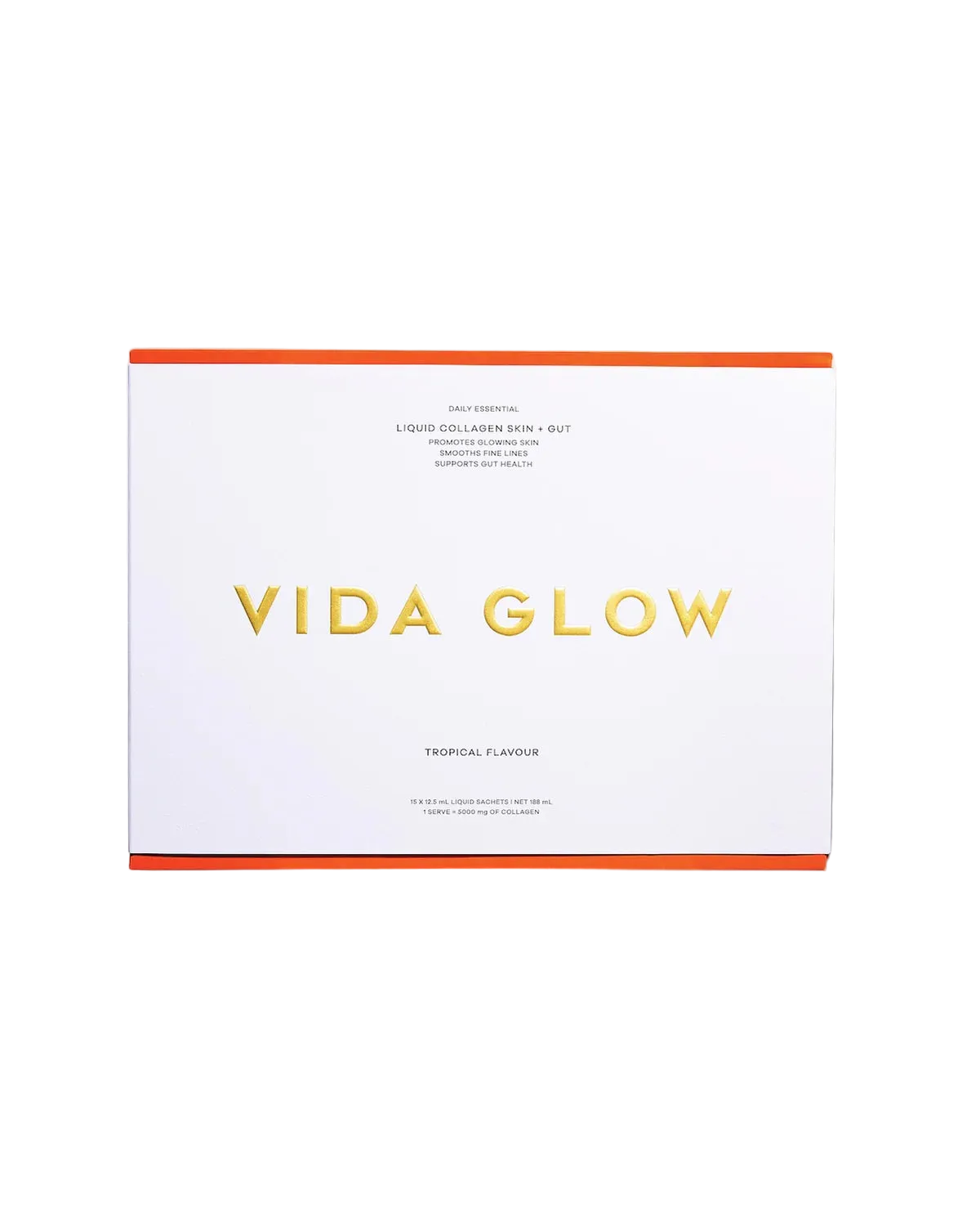 Vida Glow Liquid Collagen Skin + Gut Tropical liquid collagen sachets for skin firmness, hydration, digestion and microbiome support.