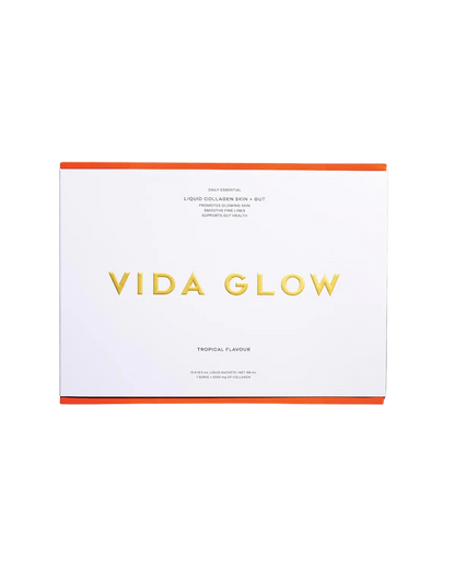 Vida Glow Liquid Collagen Skin + Gut Tropical liquid collagen sachets for skin firmness, hydration, digestion and microbiome support.