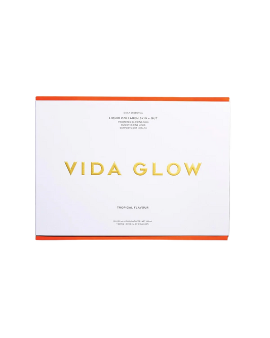 Vida Glow Liquid Collagen Skin + Gut Tropical liquid collagen sachets for skin firmness, hydration, digestion and microbiome support.