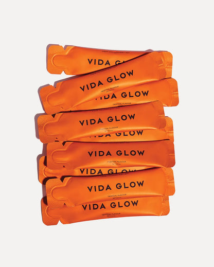 Vida Glow Liquid Collagen Skin + Gut Tropical daily liquid collagen sachets for skin glow, digestive support and gut balance.