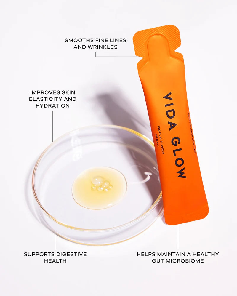 Vida Glow Liquid Collagen Skin + Gut Tropical with marine collagen, aloe vera, kiwi fruit and prebiotics for skin and digestive support.