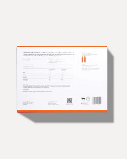 Vida Glow Liquid Collagen Skin + Gut Tropical packaging with ingredient, usage and nutrition details for skin firmness and gut health support.