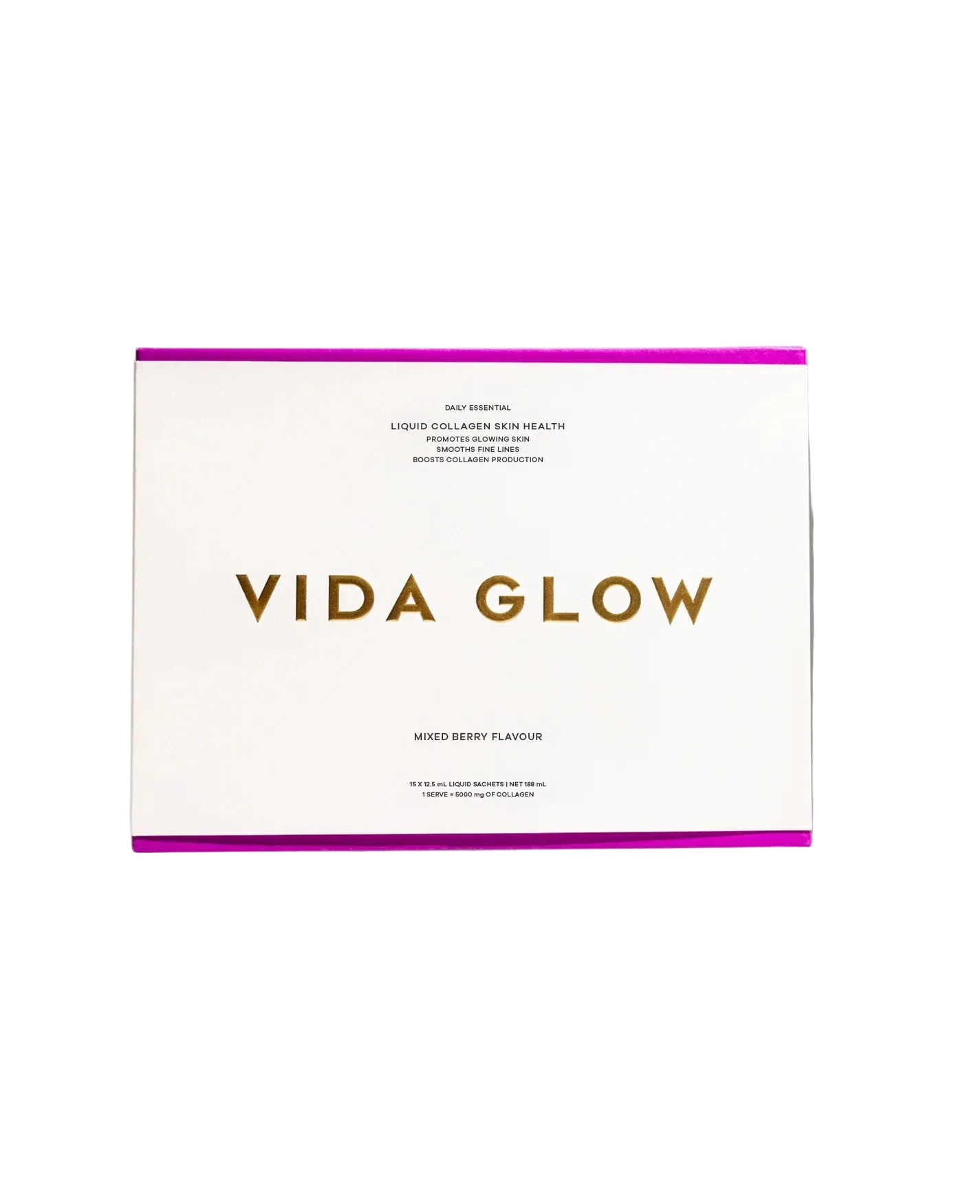 Vida Glow Liquid Collagen Skin Health Mixed Berry high-strength liquid marine collagen supplement for skin firmness, hydration and fine lines.