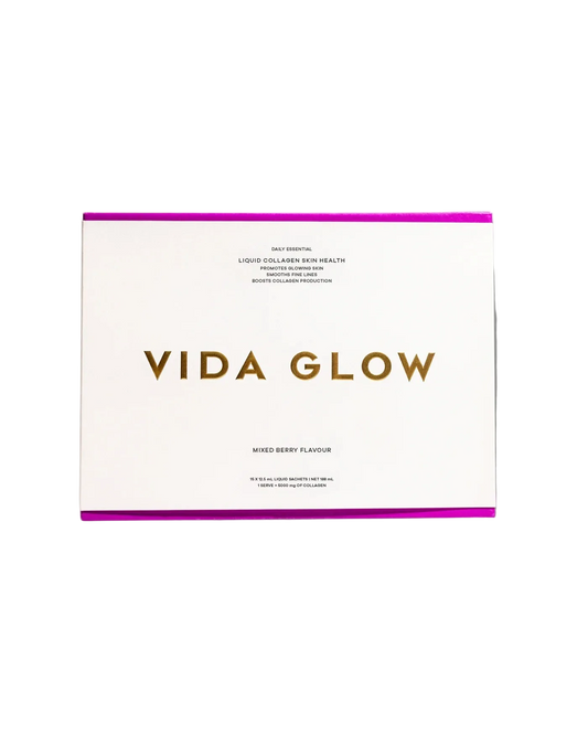 Vida Glow Liquid Collagen Skin Health Mixed Berry high-strength liquid marine collagen supplement for skin firmness, hydration and fine lines.