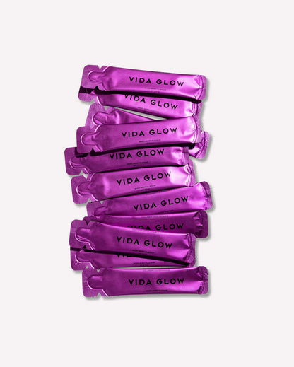 Vida Glow Liquid Collagen Skin Health Mixed Berry collagen sachets for daily skin health, radiance and visible wrinkle support.