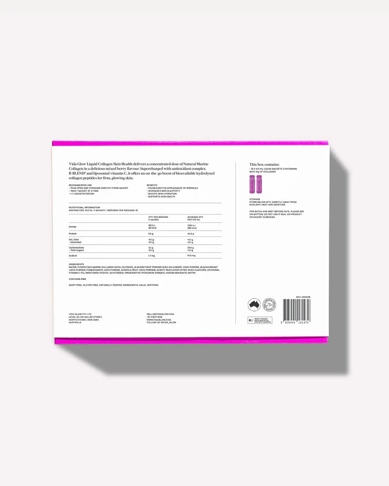Vida Glow Liquid Collagen Skin Health Mixed Berry packaging with ingredient, usage and nutrition details for daily collagen skin support.