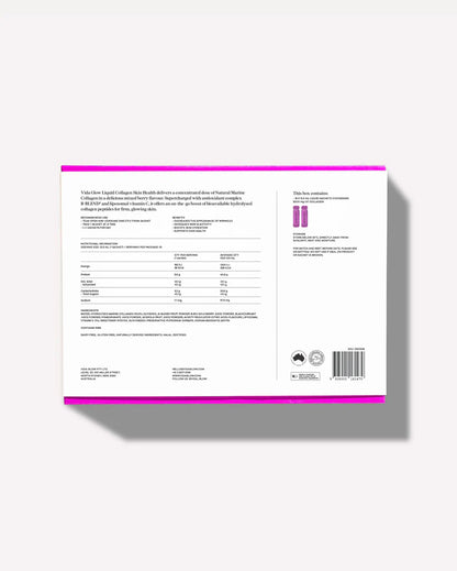 Vida Glow Liquid Collagen Skin Health Mixed Berry packaging with ingredient, usage and nutrition details for daily collagen skin support.