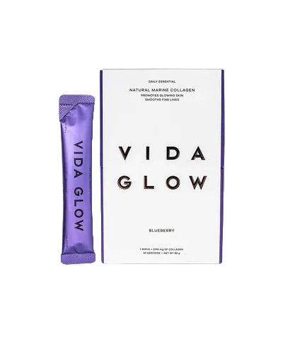 Vida Glow Natural Marine Collagen - Blueberry marine collagen sachets for skin firmness, hydration and elasticity in full-size box and single-serve format.