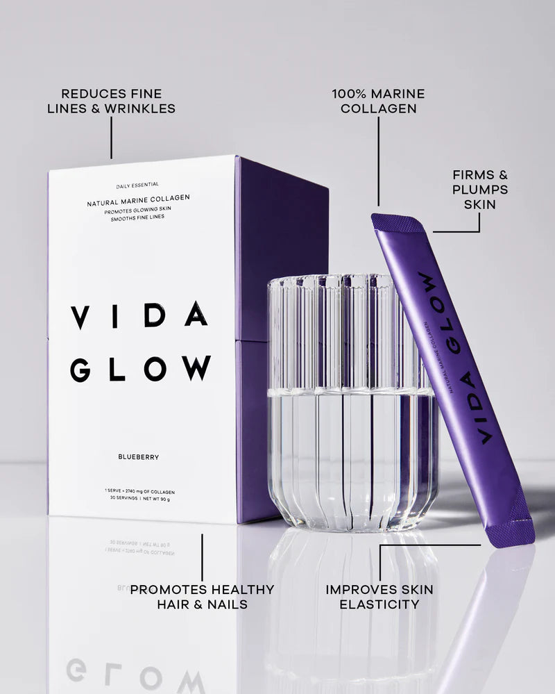 Vida Glow Natural Marine Collagen - Blueberry flavoured marine collagen supplement with key beauty benefits for skin elasticity, firmness, hydration, hair and nails.