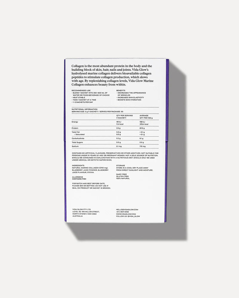 Vida Glow Natural Marine Collagen - Blueberry marine collagen packaging with ingredient panel, directions and nutritional information.