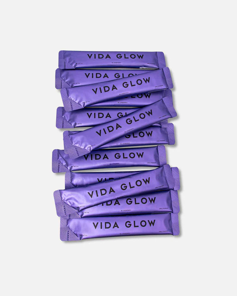 Vida Glow Natural Marine Collagen - Blueberry single-serve collagen sachets for convenient daily skin, hair and nail support.