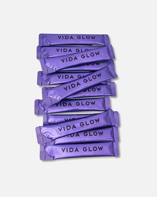 Vida Glow Natural Marine Collagen - Blueberry single-serve collagen sachets for convenient daily skin, hair and nail support.