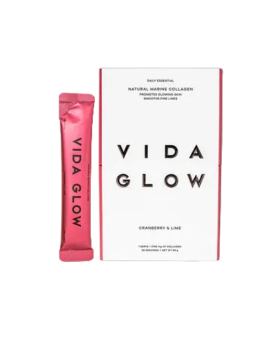 Vida Glow Natural Marine Collagen Cranberry & Lime marine collagen sachets with full-size box for daily skin hydration, firmness and elasticity support.