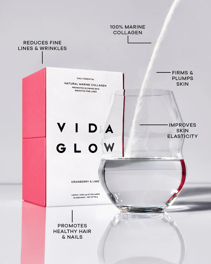 Vida Glow Natural Marine Collagen Cranberry & Lime collagen powder mixed into water, highlighting skin firmness, elasticity, hair and nail support.