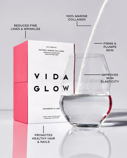 Vida Glow Natural Marine Collagen Cranberry & Lime collagen powder mixed into water, highlighting skin firmness, elasticity, hair and nail support.