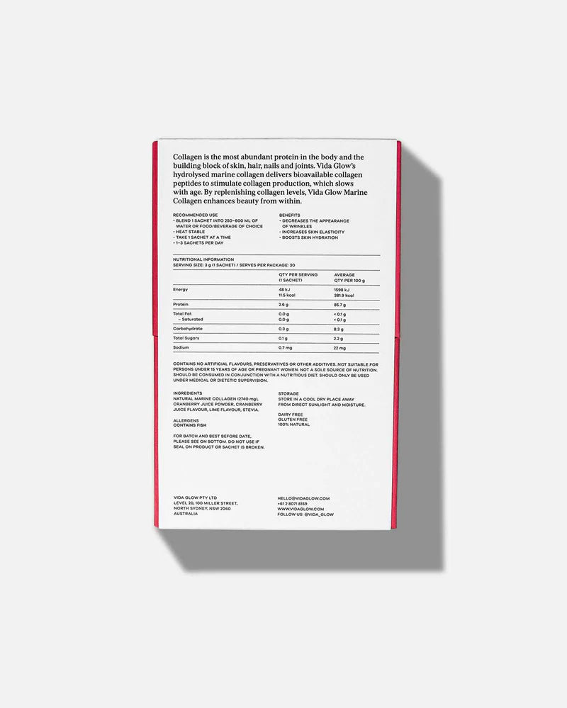 Vida Glow Natural Marine Collagen Cranberry & Lime back of pack with ingredients, nutritional information and marine collagen supplement details.