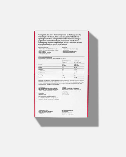 Vida Glow Natural Marine Collagen Cranberry & Lime back of pack with ingredients, nutritional information and marine collagen supplement details.