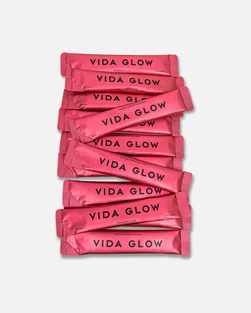 Vida Glow Natural Marine Collagen Cranberry & Lime sachets, daily collagen supplement for glowing skin, hydration and beauty from within.