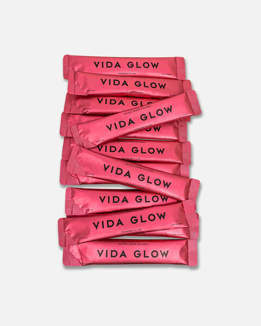 Vida Glow Natural Marine Collagen Cranberry & Lime sachets, daily collagen supplement for glowing skin, hydration and beauty from within.