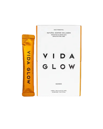 Vida Glow Natural Marine Collagen - Mango marine collagen sachets for skin firmness, hydration and elasticity in full-size box and single-serve format.
