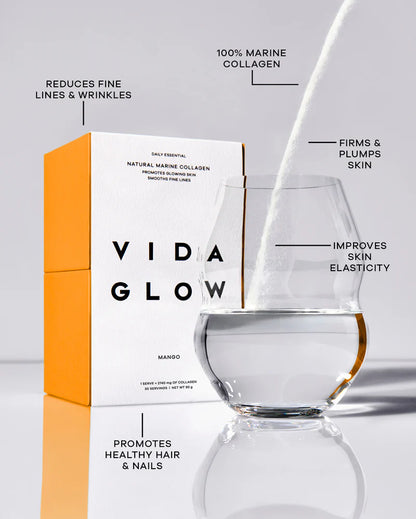 Vida Glow Natural Marine Collagen - Mango flavoured marine collagen supplement with key benefits for firmer skin, hydration, elasticity, hair and nails.