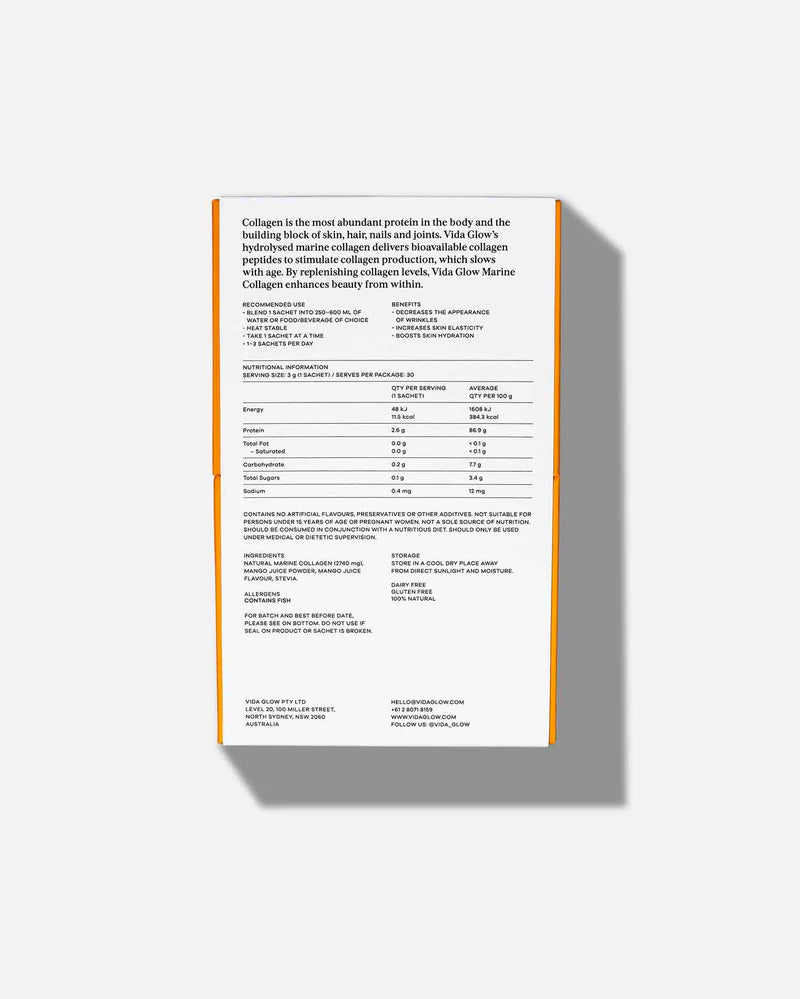 Vida Glow Natural Marine Collagen - Mango marine collagen packaging with ingredient panel, directions and nutritional information.
