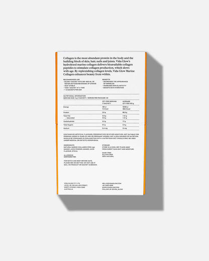 Vida Glow Natural Marine Collagen - Mango marine collagen packaging with ingredient panel, directions and nutritional information.