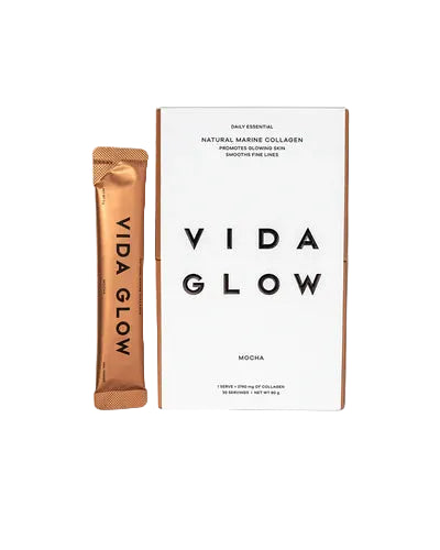 Vida Glow Natural Marine Collagen Mocha marine collagen sachets with rich coffee-inspired flavour for skin firmness, hydration and elasticity.