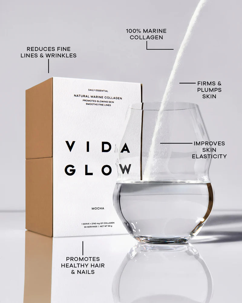 Vida Glow Natural Marine Collagen Mocha collagen powder in water, highlighting daily marine collagen for glowing skin, hair and nails.