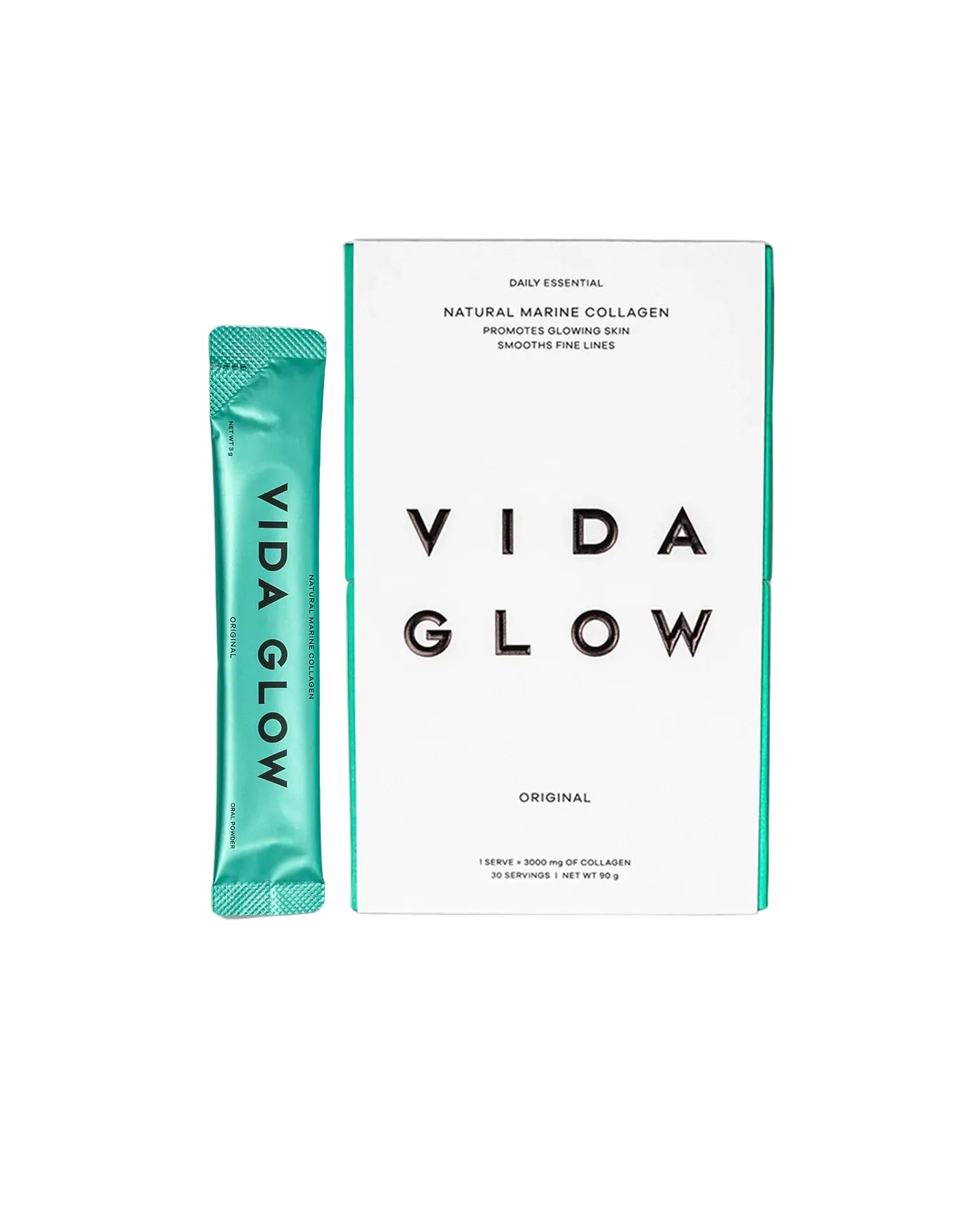 Vida Glow Natural Marine Collagen - Original marine collagen sachets for skin firmness, hydration and elasticity in box and single-serve format.