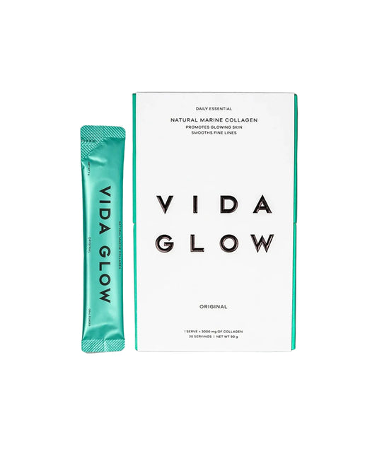 Vida Glow Natural Marine Collagen - Original marine collagen sachets for skin firmness, hydration and elasticity in box and single-serve format.