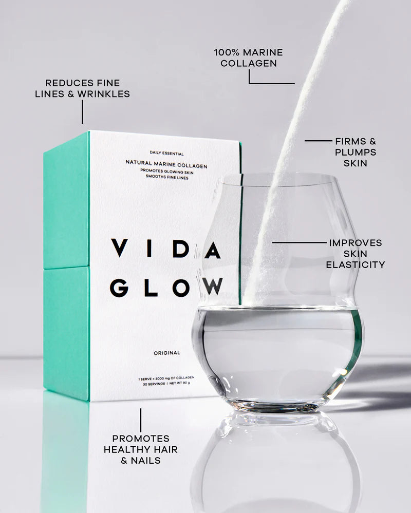 Vida Glow Natural Marine Collagen - Original hydrolysed marine collagen for skin elasticity, hydration, hair and nails with key benefit callouts.