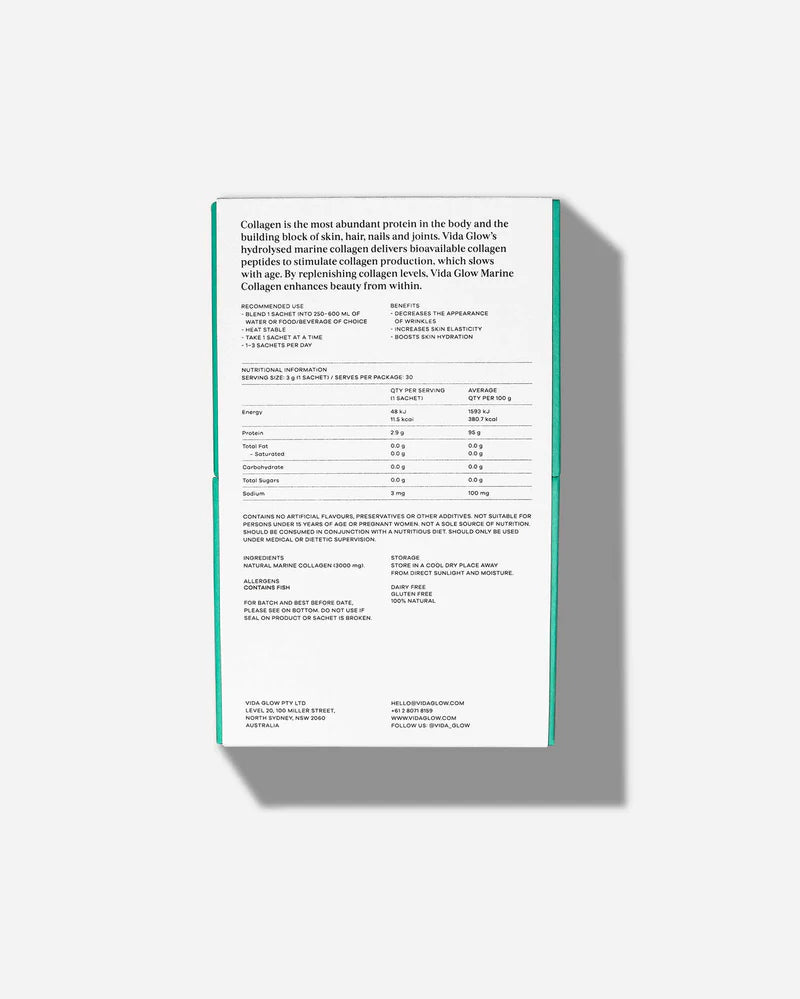 Vida Glow Natural Marine Collagen - Original marine collagen supplement packaging with nutritional and product information panel.