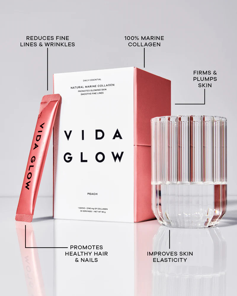 Vida Glow Natural Marine Collagen Peach collagen powder styled with glass, highlighting skin elasticity, glowing skin and daily marine collagen benefits.