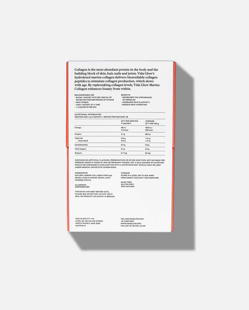 Vida Glow Natural Marine Collagen Peach pack back showing product details, ingredients and nutritional information for marine collagen sachets.
