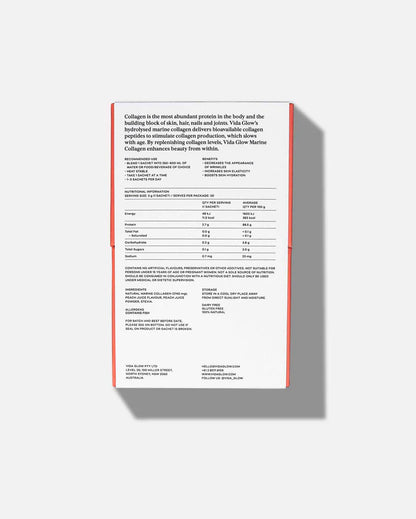 Vida Glow Natural Marine Collagen Peach pack back showing product details, ingredients and nutritional information for marine collagen sachets.