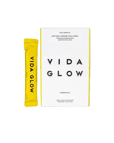 Vida Glow Natural Marine Collagen Pineapple marine collagen sachets with full-size box, daily collagen supplement for skin firmness, hydration and glow.