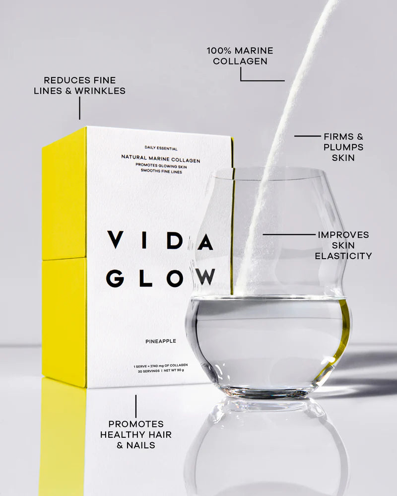 Vida Glow Natural Marine Collagen Pineapple collagen powder mixed into water, highlighting skin elasticity, firmer skin and healthy hair and nails support.