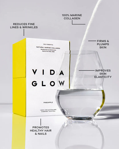 Vida Glow Natural Marine Collagen Pineapple collagen powder mixed into water, highlighting skin elasticity, firmer skin and healthy hair and nails support.