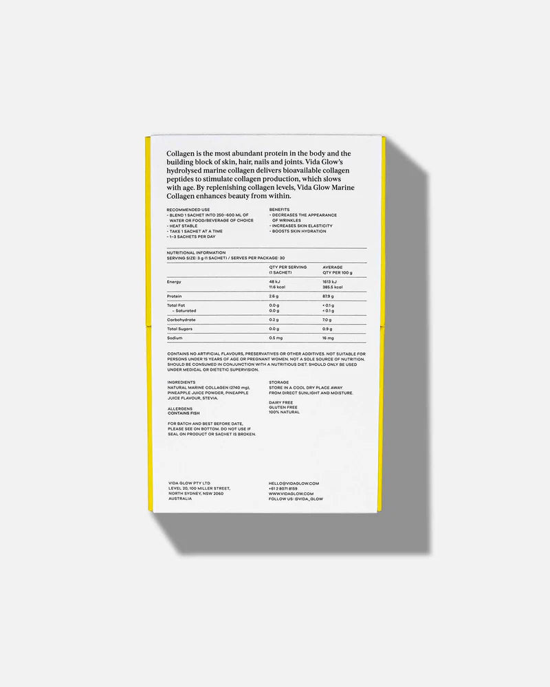 Vida Glow Natural Marine Collagen Pineapple pack back showing product details, ingredients and nutritional information for marine collagen sachets.