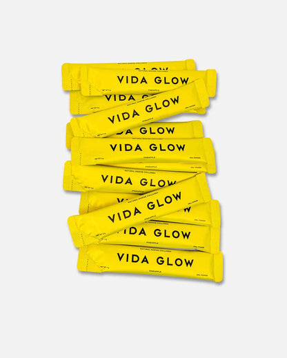 Vida Glow Natural Marine Collagen Pineapple sachets, daily marine collagen supplement for glowing skin, elasticity and beauty from within.