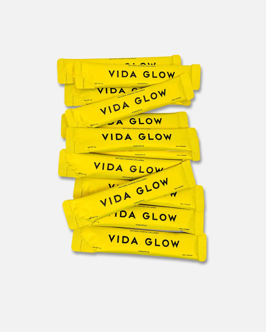 Vida Glow Natural Marine Collagen Pineapple sachets, daily marine collagen supplement for glowing skin, elasticity and beauty from within.