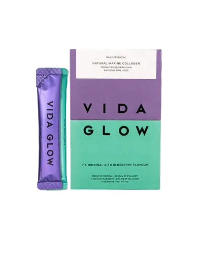 Vida Glow Natural Marine Collagen Mixed Trial Pack with Original and Blueberry collagen sachets for skin hydration, firmness and elasticity.