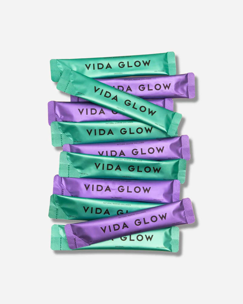 Vida Glow Natural Marine Collagen Mixed Trial Pack assorted Original and Blueberry collagen sachets for daily ingestible skincare support.