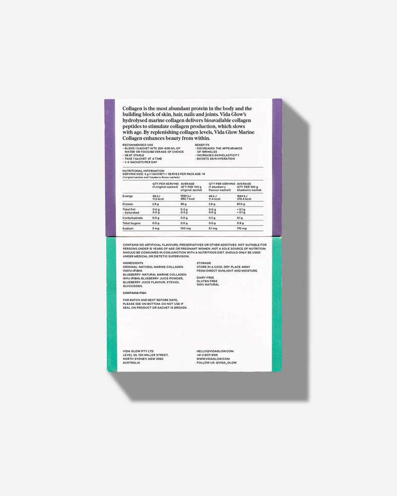 Vida Glow Natural Marine Collagen Mixed Trial Pack back packaging showing serving details, ingredients and nutrition information.