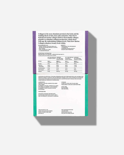 Vida Glow Natural Marine Collagen Mixed Trial Pack back packaging showing serving details, ingredients and nutrition information.