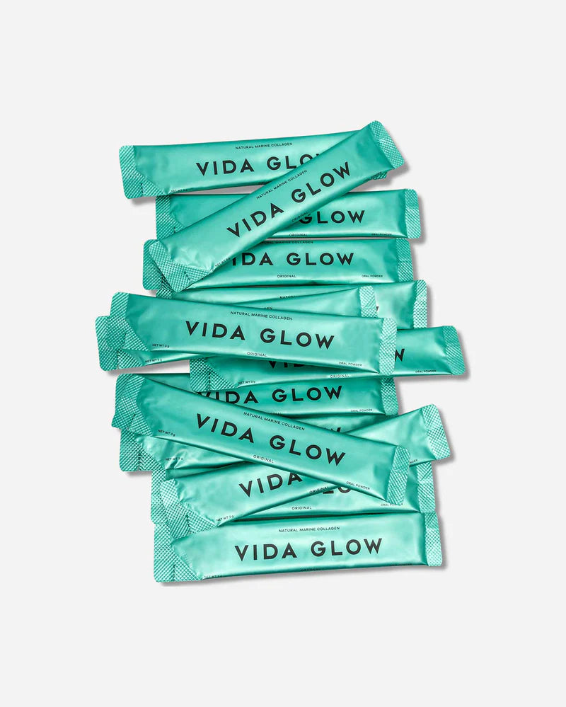 Vida Glow Natural Marine Collagen Original Trial Pack single-serve collagen sachets for daily skin hydration and wrinkle support.