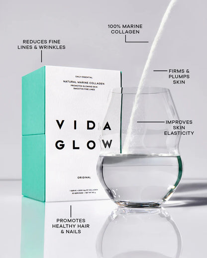 Vida Glow Natural Marine Collagen Original Trial Pack collagen powder mixed into water for skin, hair and nail support.