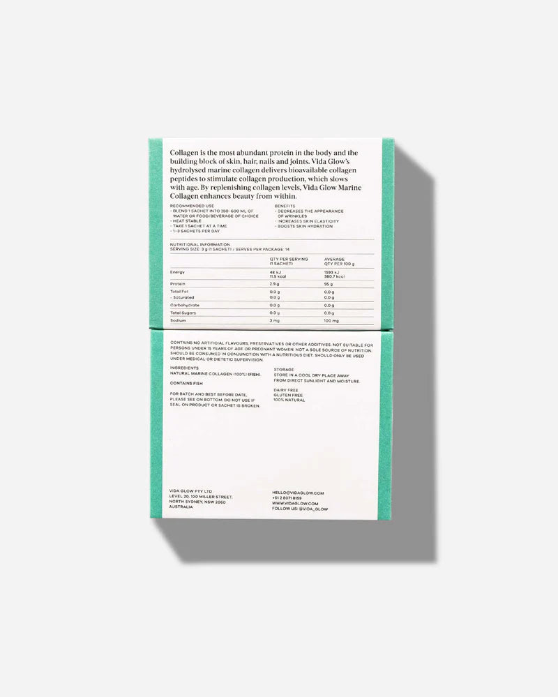 Vida Glow Natural Marine Collagen Original Trial Pack packaging showing ingredients, usage directions and nutrition information.